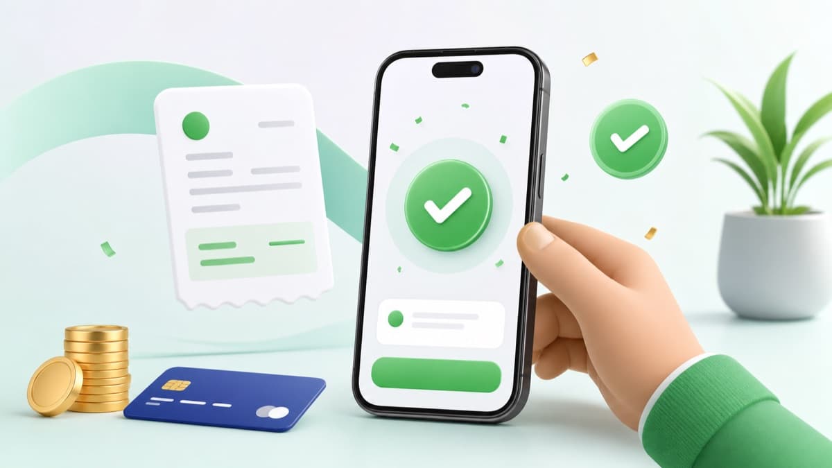 Mobile payment success scene with invoice card, green checkmark, and payment elements
